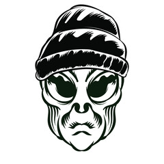 Illustration of Alien head with beanie for logo badge design vector element