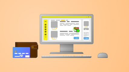 Online shopping concept. Computer with an open page of the online store. Web vector illustration.