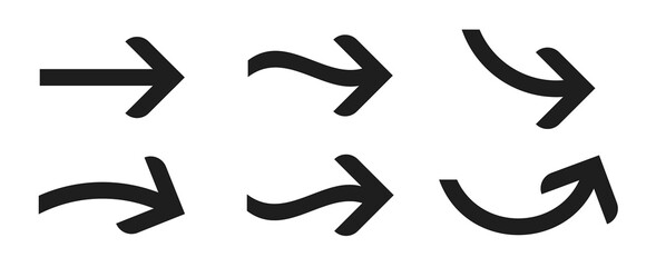 Set of black arrow symbols, curved tail in dofferent ways