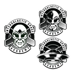 Set Illustration of Alien Badge emblem head for logo badge design vector element