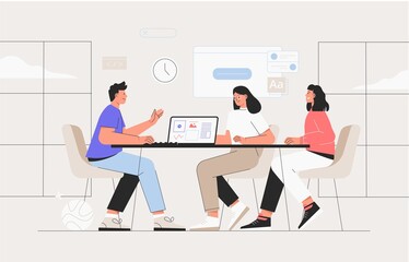 Coworking space with business people sitting at the table. They analyze charts and reports. Vector illustration for co-working, teamwork, workspace concept. Team working on project.