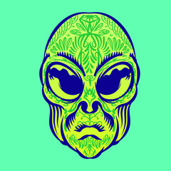 Alien head with tattoo illustration for logo badge element character