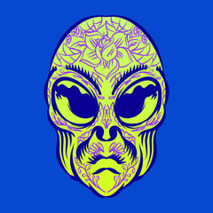 Alien head with tattoo illustration for logo badge element character
