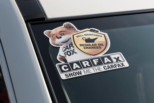 Carfax sticker on a used pre-owned vehicle. Carfax provide vehicle reports for prospective buyers that may reveal problems.