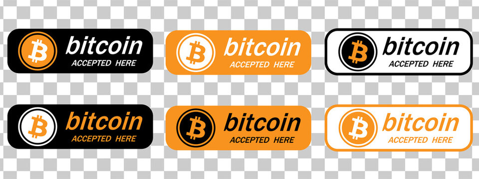 Bitcoin Accepted Here.Sticker or banner for bitcoin accepted.Pay with Bitcoin button.Bitcoin accepted payment .Cryptocurrency icon.