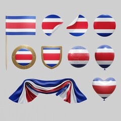 Assortment of objects with national flag of Costa Rica isolated on neutral background. 3d rendering