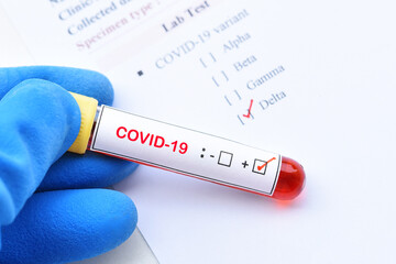 Obraz premium Delta variant COVID-19 positive, blood sample tube positive with delta variant or Indian strain COVID-19 