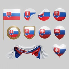 Assortment of objects with national flag of Slovakia isolated on neutral background. 3d rendering