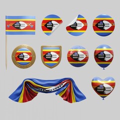 Assortment of objects with national flag of Eswatini or Swaziland isolated on neutral background. 3d rendering