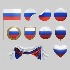 Assortment of objects with national flag of Russia isolated on neutral background. 3d rendering