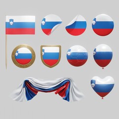 Assortment of objects with national flag of Slovakia isolated on neutral background. 3d rendering