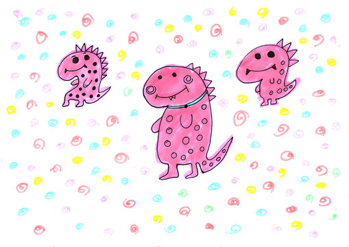 Hand drawing of Dinosaurus cartoon character,paint with pink color,