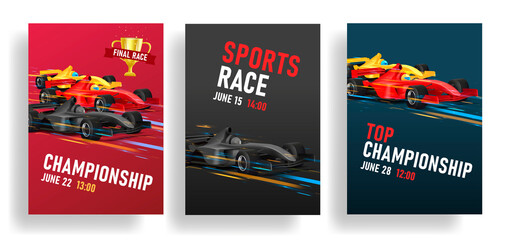 Obraz na płótnie Canvas Flyer for racing tournament with sport car illustration, speed bolid with golden cup for winner, event template set