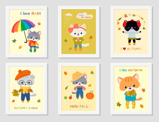Set of posters with cute cats. Autumn clipart. Cartoon flat style. Vector illustration