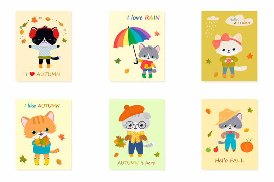 Set of card with cute cats. Autumn clipart. Cartoon flat style. Vector illustration