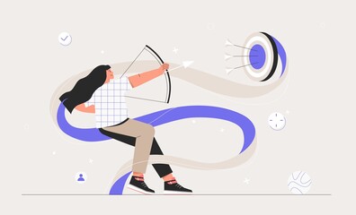 Business woman shoot with bow aiming arrow to target. Business success idea and personal development, motivation. Flat style vector illustration.