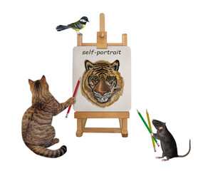 A gray cat artist with a pencil paints his self-portrait on a canvas on an easel. White background....