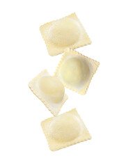 Uncooked ravioli with filling  falling on white background