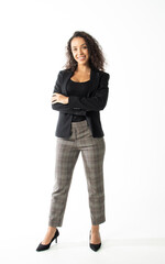 Full body portrait beautiful smart Caucasian businesswoman wearing formal suit, smiling with...