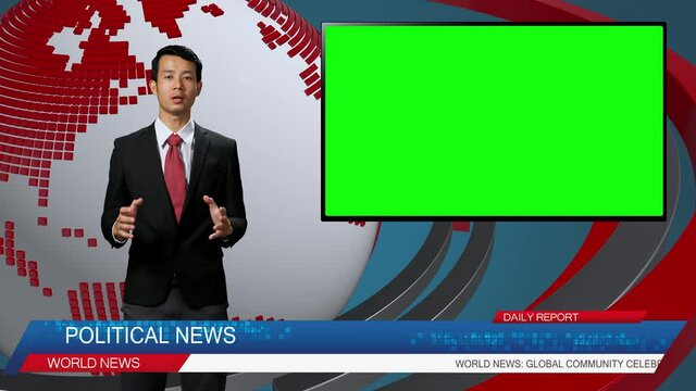 Live News Studio With Male Anchor Reporting On The Political, Video Story Show Green Chroma Key Screen Placeholder Copy Space.Television Newsroom Channel With Professional Presenter
