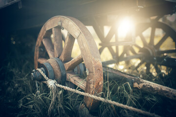 The wooden wheels of a cart standing in the grass.
