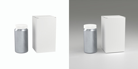 Blank Brushed Aluminium Bottle mockup  with White Cap Isolated on White Background. Food supplement metal package for capsules. Silver color aluminium container with box. Food supplement container