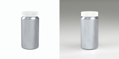 Blank Brushed Aluminium Bottle mockup with White Cap Isolated on White Background. Food supplement metal package for capsules. Silver color aluminium container
