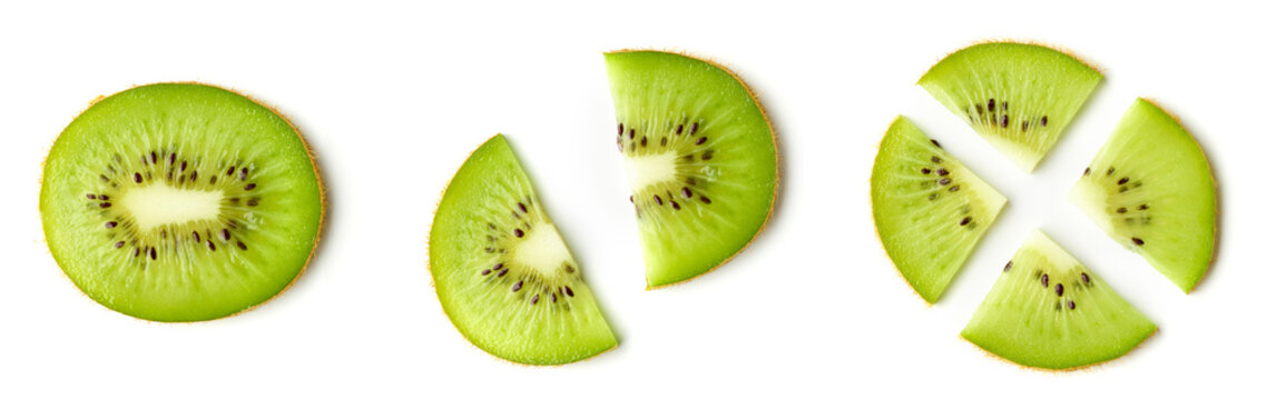 Kiwi fruit slices isolated on white, from above