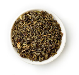 Bowl of Jasmine green tea isolated on white; from above