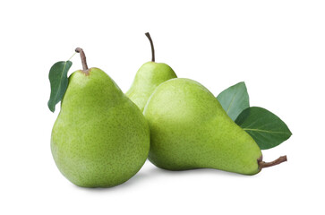 Fresh ripe pears with green leaves on white background