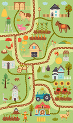 Summer vertical rustic farm map. Map constructor village, farm animals, ranch. Nursery design for posters, carpet, children room. Vector hand draw illustration