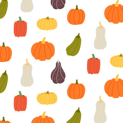 Seamless pattern colorful pumpkins different shape. Halloween background, thanksgiving vector
