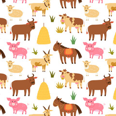 Seamless pattern farm animals horse pig sheep cow ox. Repetitive background with a rustic motif. Vector hand draw paper, nursery design wallpaper