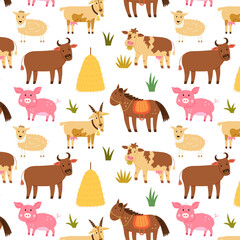 Fototapeta premium Seamless pattern farm animals horse pig sheep cow ox. Repetitive background with a rustic motif. Vector hand draw paper, nursery design wallpaper