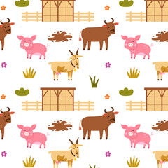 Seamless pattern farm barn pig bull goat. Repetitive background with a rustic motif. Vector hand draw paper, nursery design wallpaper