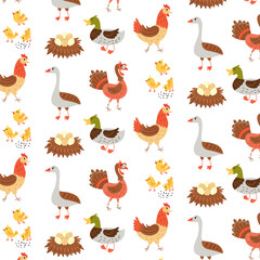 Seamless pattern farm birds geese duck chicken turkey. Repetitive background with a rustic motif. Vector hand draw paper, nursery design wallpaper
