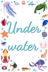 Frame template with cartoon sea animals. Ocean rectangle composition with jellyfish and turtle, squid, octopus, fish and shell. Underwater life.