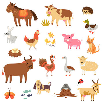 Set cartoon farm animals: horse, cow, bull, hedgehog, duck, goose, chicken, hare, pig, sheep, goat, turkey, dog, cat, mole. Vector hand draw clipart