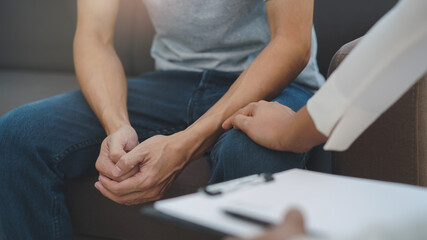 stressed man consultation a psychologist about mental health problem
