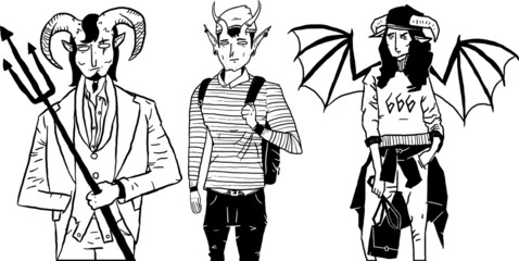 set of fashion demons in tattoo sketch style