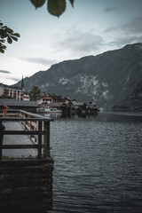 City near the lake in the mountains