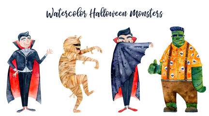 Halloween hand-drawn characters.  Illustration of Dracula, Mummy, Frankenstein. Halloween holiday monsters isolated