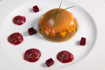 Aspic recipe, jelly made from a broth of prawns and peppery beetroot. High quality photo