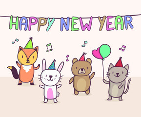 happy new year party with cute animals