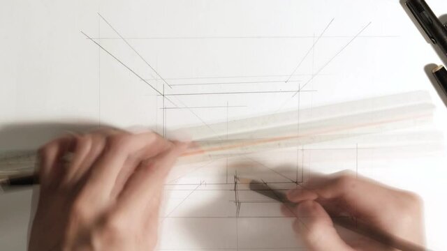 The hand of an architect drawing a perspective of the bedroom with a black pen and color pen time lapse HD