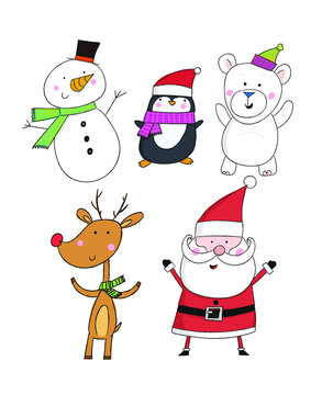 set of happy cartoon christmas characters