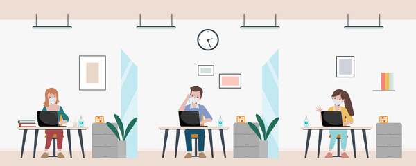 Business office people maintain social distancing meeting room. Stop covid-19 coronavirus. New normal lifestyle in job.