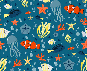 Seamless pattern of marine fish, other marine life and diving equipment, background.