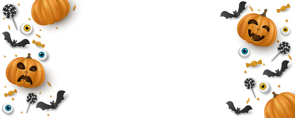 Halloween cover design with 3d emotional cartoon smiling pumpkins and decorative eyes, sweets, lollipops, bats isolated on white background. Holiday banner