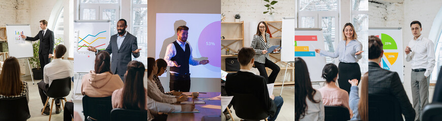 Composite image of photos of male and female employees during working day, business meeting. Using...